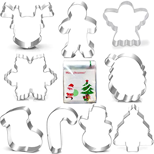Book Cover Christmas Cookie Cutter Set-9 piece-Gingerbread Men, Snowflake, Reindeer, Angel, Christmas Tree, Snowman, Santa Face and More Cookie Cutters molds