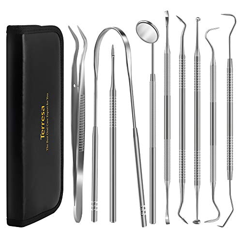 Dental Tools, Terresa 9 Pack Dental Pick Stainless Steel Dental Scaler Hygiene Kit, Dental Scraper and Mouth Mirror, Teeth Cleaning Tool for Dentist, Home & Pet Oral Care Set with Leather Case