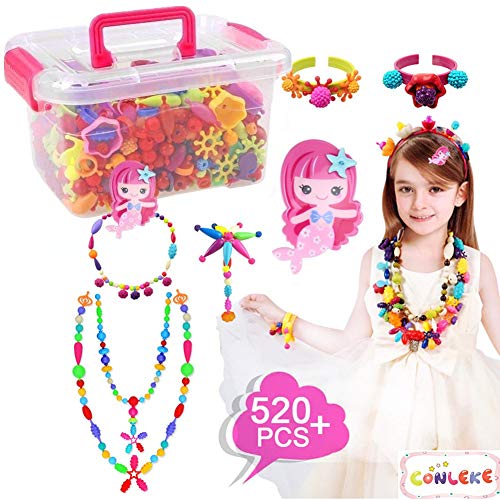 Conleke Pop Snap Beads Set 520 PCS for Kids Toddlers Creative DIY Jewelry Toys - Making Necklace,Bracelet and Ring - Ideal Christmas Birthday Gifts for 4,5,6,7,8 Year Old Girls (Box Packaging)