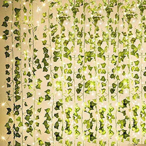 Book Cover KASZOO 84Ft 12 Pack Artificial Ivy Garland Fake Plants, Vine Hanging Garland with 80 LED String Light, Hanging for Home Kitchen Garden Office Wedding Wall Decor, Green