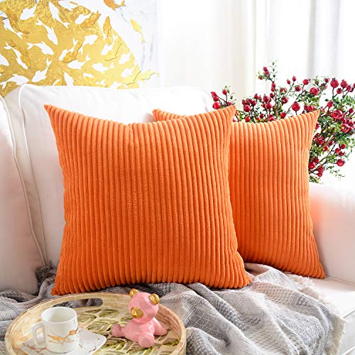 Book Cover MERNETTE Pack of 2, Corduroy Velvet Soft Decorative Throw Pillow Cover Cushion Covers, Pillowcase Pillow Shams, for Sofa Bedroom Car Chair 18x18 Inch/45x45 cm (Striped Orange)