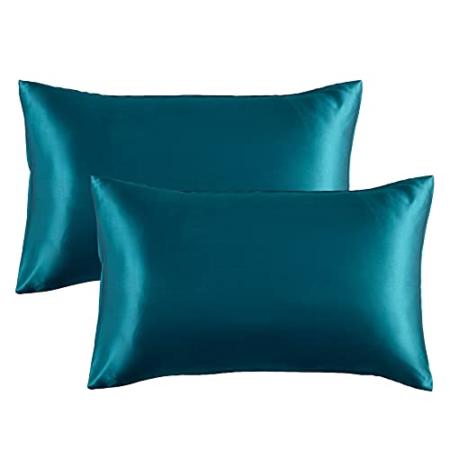 Book Cover Bedsure King Size Satin Pillowcase Set of 2 - Teal Silk Pillow Cases for Hair and Skin 20x40 inches, Satin Pillow Covers 2 Pack with Envelope Closure