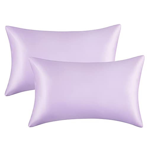 Book Cover Bedsure Satin Pillowcase for Hair and Skin Queen - Lavender Silk Pillowcase 2 Pack 20x30 inches - Satin Pillow Cases Set of 2 with Envelope Closure