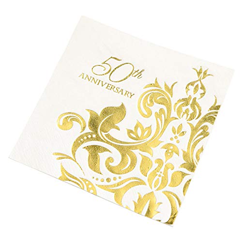 Crisky 50th Wedding Anniversaray Cocktail Napkins, [ Gold Foil More Shiny More Elegant ] Golden Wedding Anniversary Beverage Napkins, 50th Wedding Anniversary Party Decorations 100 Pcs, 3-ply