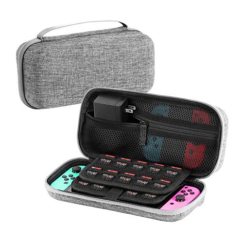 Rayvol Travel Carrying Case for Nintendo Switch, Fits AC Adapter, 29 Games, Joy-cons and Accessories, Deluxe EVA Hardshell Protective Portable Case [Dual Protection] [Large Capacity]-Gray