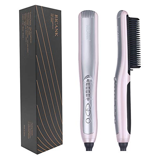 RICANK Professional Hair Straightener Ionic Hair Straightening Brush Portable Frizz-Free Ceramic Heating Straightening Irons Brush Anti Scald Static Detangling Hot-Air Electric Hair Brush Pink