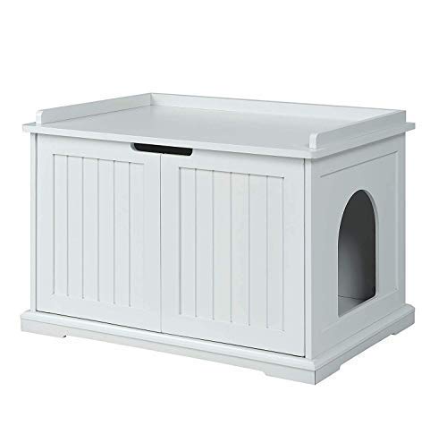 unipaws Designer Cat Washroom Storage Bench, Litter Box Cover, Sturdy Wooden Structure, Spacious Storage, Easy Assembly, Fit Most of Litter Box, White