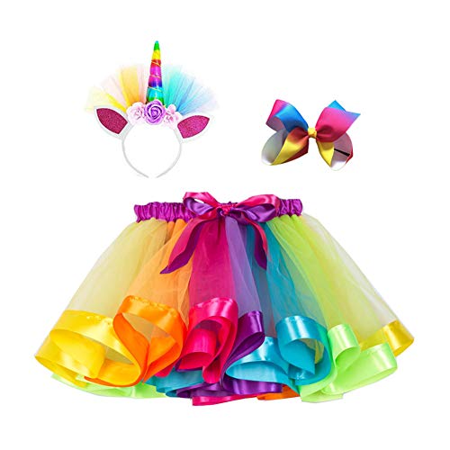 Layered Rainbow Tutu Skirts with Unicorn Horn Headband Outfits for Little Girls - Unicorn Costumes (Colorful, L(4-8) Years)