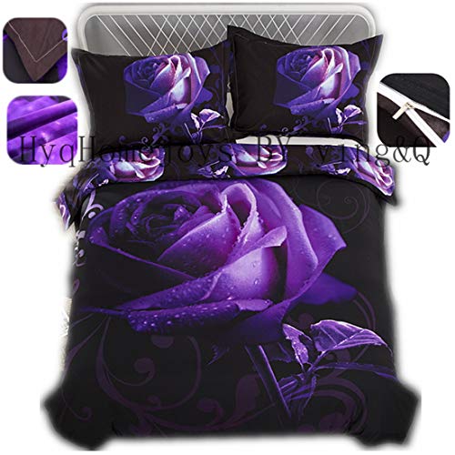 Home4Joys 3D Purple Flower Bedding Sets Rose Black Duvet Cover with Pillows Case (3PCS) Queen Size Bed Comforter Cover Set (No Comforter Inside)