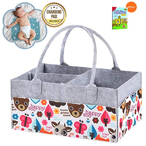 Diaper Caddy Organizer - Large Felt Portable Storage Bag & Tote Basket For Baby Bath Table,Nursery Needs & Car Travel.Must Haves Diapering Organizers/Holder & Gift For Newborn Shower.FREE Changing Pad