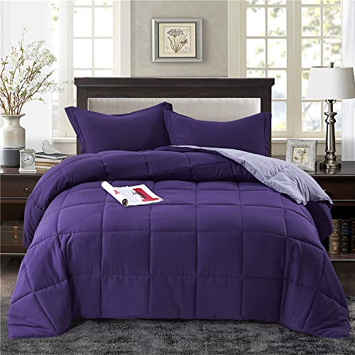 HIG 2pc Down Alternative Comforter Set - All Season Reversible Comforter with Sham - Quilted Duvet Insert with Corner Tabs -Box Stitched - Hypoallergenic, Soft, Fluffy(Twin/Twin XL, Purple)