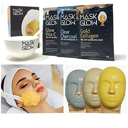 Premium Modeling Peel-Off Mask"Rubber Mask" Spa Set- 3 Treatments (Gold Collagen, Glow Vita C, Clear Charcoal) + Bowl and Spatula, Made In Korea