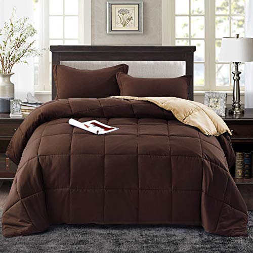 Book Cover HIG 3pc Down Alternative Comforter Set - All Season Reversible Comforter with Two Shams - Quilted Duvet Insert with Corner Tabs - Box Stitched - Super Soft, Fluffy (King/Cal King, Chocolate)