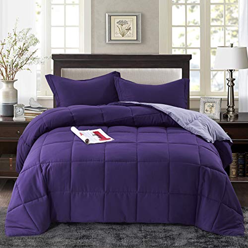 Book Cover HIG 3pc Down Alternative Comforter Set - All Season Reversible Comforter with Two Shams - Quilted Duvet Insert with Corner Tabs - Box Stitched - Super Soft, Fluffy (King/Cal King, Purple)