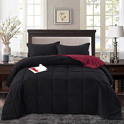 Book Cover HIG 3pc Down Alternative Comforter Set - All Season Reversible Comforter with Two Shams - Quilted Duvet Insert with Corner Tabs - Box Stitched - Super Soft, Fluffy (Full/Queen, Black)