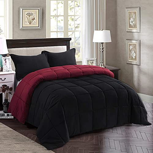 HIG 3pc Down Alternative Comforter Set - All Season Reversible Comforter with Two Shams - Quilted Duvet Insert with Corner Tabs - Box Stitched - Super Soft, Fluffy (Full/Queen, Black)