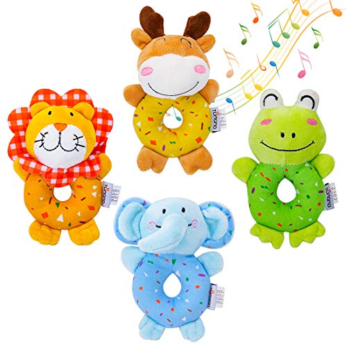 Book Cover TUMAMA Baby Toys for 3, 6, 9, 12 Months Newborn, Soft Cute Stuffed Animal Rattles for Baby and Infant Developmental Hand Grip , 4 PCS