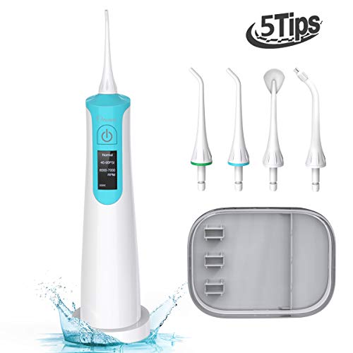 Ovonni Portable Water Flosser Cordless Oral Irrigator For Braces and Teeth, Rechargeable Dental Teeth Cleaner with 5 Jet Tips and 145ML Water Tank, IPX7 Waterproof for Home and Travel (mint blue)