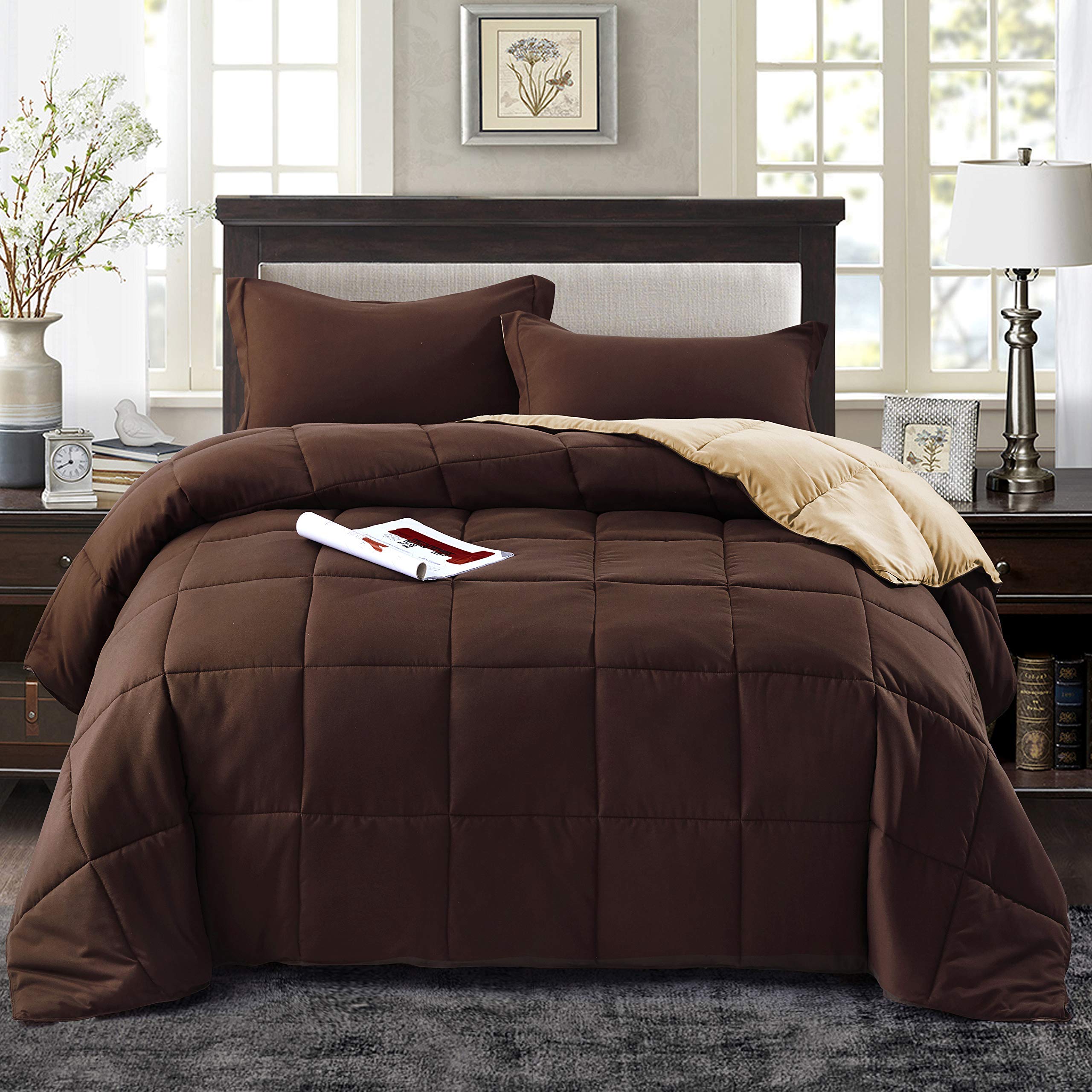 Book Cover HIG 3pc Down Alternative Comforter Set - All Season Reversible Comforter with Sham - Quilted Duvet Insert with Corner Tabs - Box Stitched - Super Soft, Fluffy (Twin/Twin XL, Chocolate)