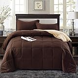 HIG 3pc Down Alternative Comforter Set - All Season Reversible Comforter with Two Shams - Quilted Duvet Insert with Corner Tabs - Box Stitched - Hypoallergenic, Soft, Fluffy (Full/Queen, Chocolate)