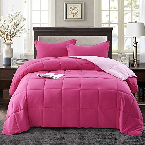Book Cover HIG 3pc Down Alternative Comforter Set - All Season Reversible Comforter with Sham - Quilted Duvet Insert with Corner Tabs - Box Stitched - Super Soft, Fluffy (Twin/Twin XL, Pink)