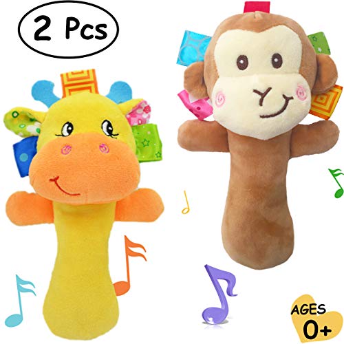 Book Cover Cartoon Stuffed Animal Baby Soft Plush Hand Rattle Toys Infant Dolls - Giraffe and Monkey