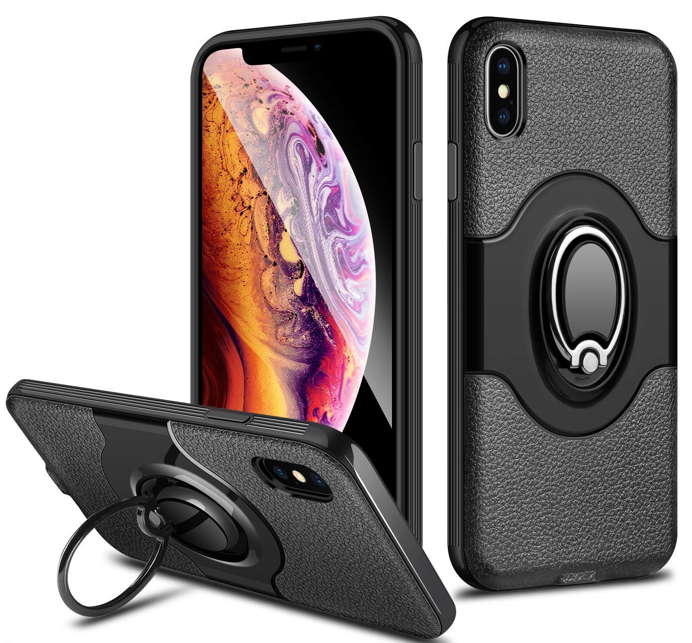 ELOVEN Ultra Slim Case for iPhone Xs Max Case with Metal Ring Holder Kickstand Shockproof Cover Antiscratch Dual Layer Nonslip Grip Protective Case for iPhone Xs Max 2018 6.5 Inches, Black