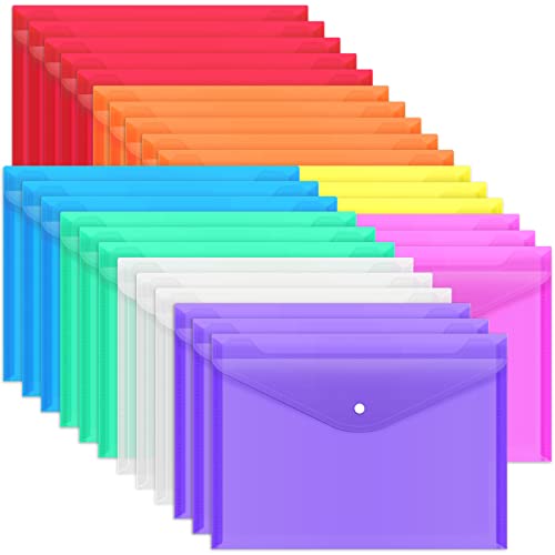 EOOUT 28pcs Plastic Envelopes, Plastic Folders, Folders for Documents, Plastic Envelopes with Snap Closure, Poly Folders, 8 Colors, A4 Size, Letter Size, for Office Supplies