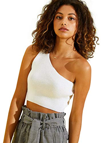 SheIn Women's Plain One Shoulder Stretchy Ribbed Knit Crop Top