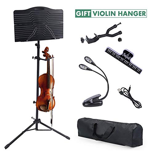 Klvied Violin Music Stand with Violin Hanger, Portable Folding Violin Stand, Foldable Music Stand for Sheet Music with Carrying Bag, Light, Black