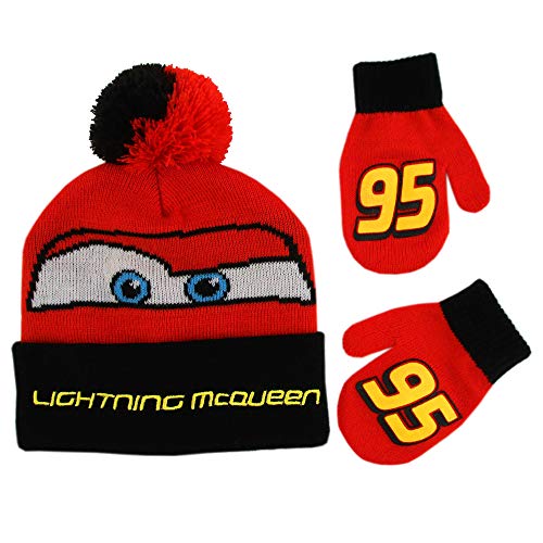 Book Cover Disney Boys' Toddler Cars Lightning McQueen Beanie Hat and Mittens Winter Set, red/black, Age 2-4