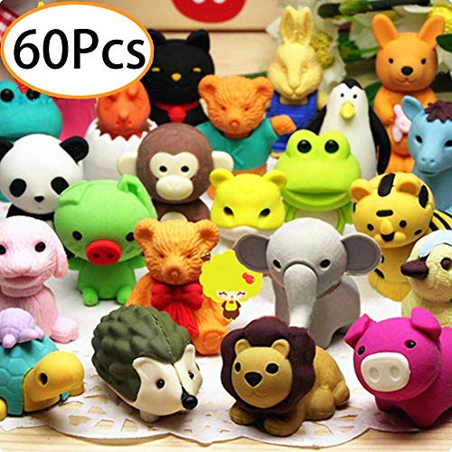 URSKYTOUS 60Pcs Animal Pencil Erasers Bulk Kids Japanese Come Apart Puzzle Eraser Toys for Party Favors, Classroom Prizes, Carnival Gifts and School Supplies(Random Designs)