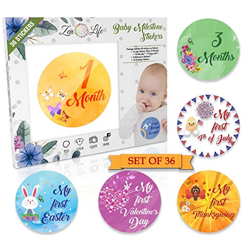 Book Cover Premium Baby Monthly Stickers - 36 Pack | 14 Baby Age Stickers + 9 Baby Milestone Stickers + 13 Baby Holiday Stickers | Size Adjusted to Babyâ€™s Growth Cycle | Perfect Baby Shower Gift