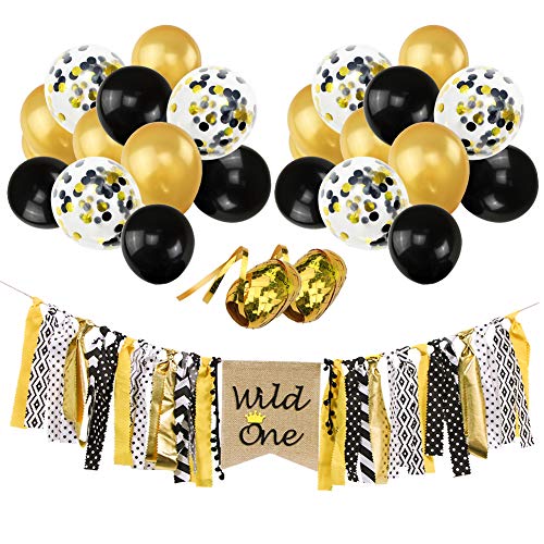 Book Cover Wild One Banner Gold Black Confetti Balloons Kit, 12