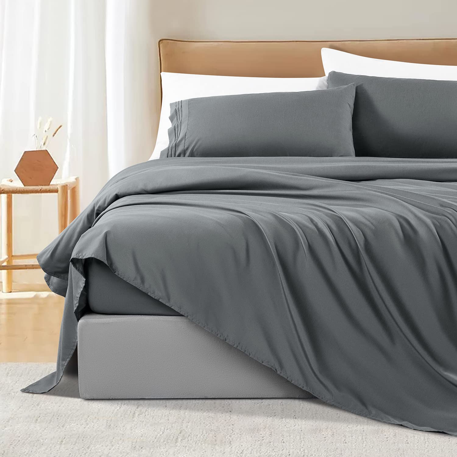 Shilucheng King Size Bed Sheets Set Microfiber Polyester 1800 Thread Count Percale Super Soft and Comforterble 16 Inch Deep Pockets - 4 Piece (King, Dark Grey) Dark Grey King
