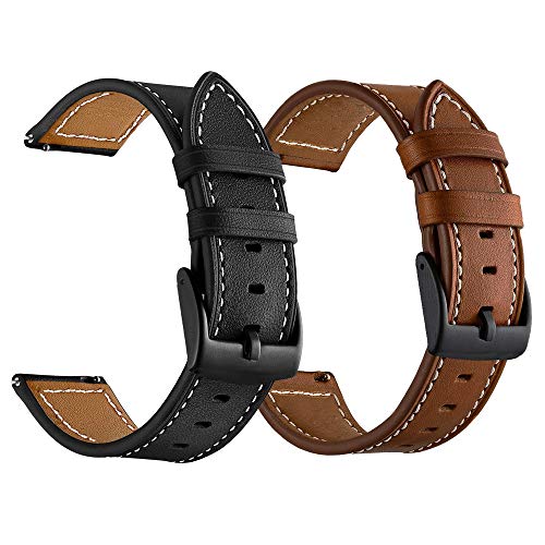LDFAS Leather Band Compatible for Samsung Galaxy Watch 3 41mm/42mm Bands, Leather Quick Release 20mm Watch Strap Compatible for Samsung Galaxy Watch Active 2 40mm/44mm Smartwatch Brown+Black (2 Pack)