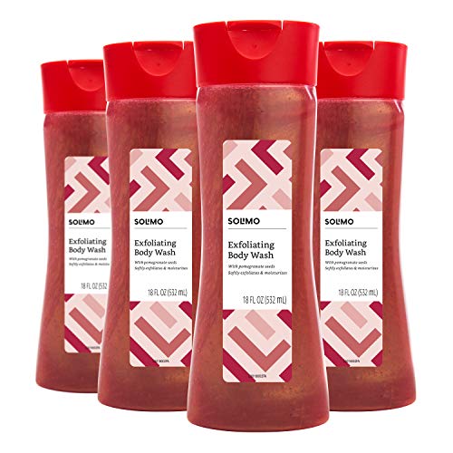 Amazon Brand - Solimo Exfoliating Body Wash with Pomegranate Seeds, 18 Fluid Ounce (Pack of 4)
