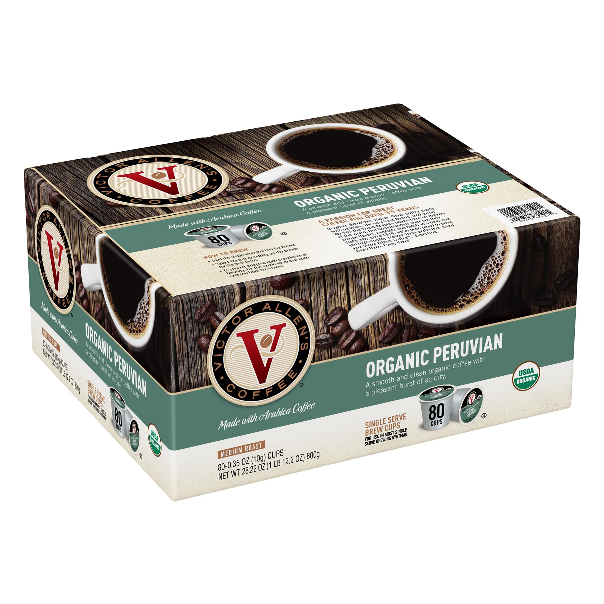 Victor Allen's Coffee Organic Peruvian, Medium Roast, 80 Count, Single Serve Coffee Pods for Keurig K-Cup Brewers Organic Peruvian 80 Count (Pack of 1)
