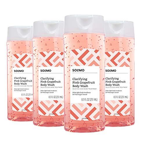 Amazon Brand - Solimo Clarifying Pink Grapefruit Body Wash, 2% Salicylic Acid Acne Treatment, Dermatologist Tested, 8.5 Ounce (Pack of 4)