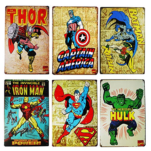 TISOSO Vintage Superhero Tin Sign Bundle Hulk,Thor,Superman,American Captain,Iron Man,Batman Marvel Comics Distressed Christmas Retro Vintage Metal Tin Sign Wall Decor 6pcs-8x12inch