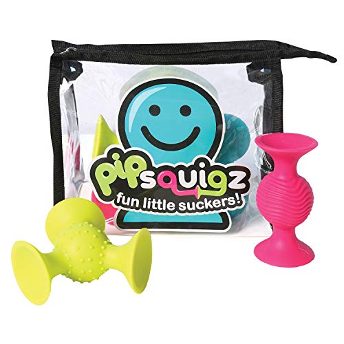 Book Cover Fat Brain Toys PipSquigz 6 Piece Set with Storage Bag - Exclusive Rattle Suction Toy Building Set with Bonus Carrying Case - BPA-Free