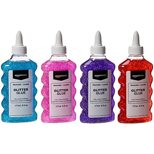 Amazon Basics Liquid Washable Glitter Glue for Making Slime, Art Crafts and School, Assorted Colors (Purple, Pink, Red, Blue), 6 oz Each, 4-Count