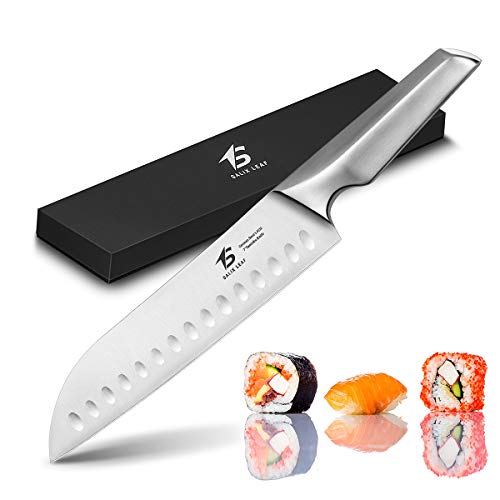 SALIX LEAF Japanese sushi Knife 7 inch Kitchen Santoku Chef Knife with Hollow edge blade,German High Carbon Steel 1.4116 Extra Sharp Knife with SUS 430 Handle Design