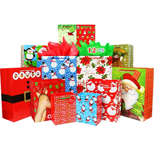 Fzopo Christmas Paper Gift Bags Bulk Set Includes 4 Extra Large 4 Large 4 Medium with Tissue Paper and Handles Christmas Print Gift Bags Assorted Sizes for Wrapping Holiday Gifts (Variety Pack)