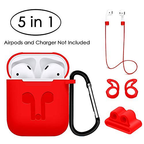 Compatible Airpods Case, Jinxtech 5 in 1 Airpods Accessories Kits, Silicone Protective Skin and Cover for Apple Airpods with Ear Hook, Anti-Loss Strap, Watch Band Holder and Keychain(Red)