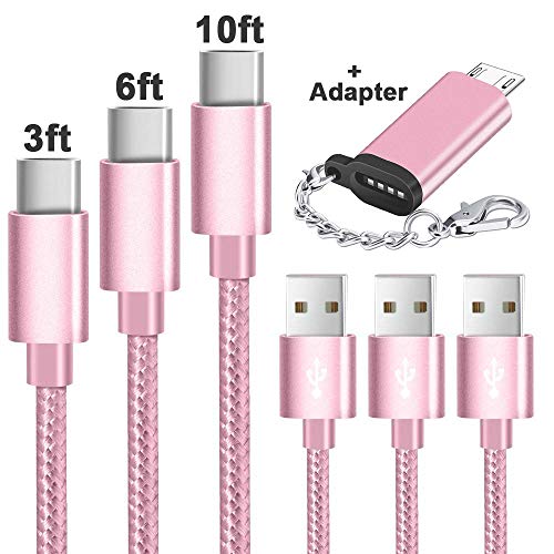 USB Type C Cable Nylon Braided Fast Charger Sync Cord (USB 2.0) [3Pack 3ft 6ft 10ft] Compatible Samsung Galaxy S9 Note 8 S8 Plus, LG V30 V20, Google Pixel, Moto Z2, Switch, MacBook (Pink)