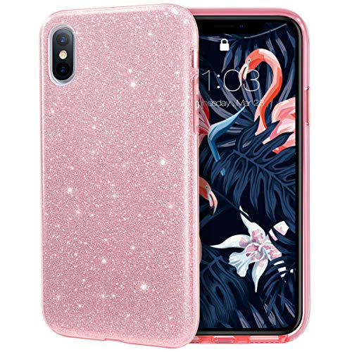 Book Cover MILPROX iPhone Xs MAX Case Glitter Luxury Shiny Sparkly Silm Bling Crystal Clear, 3 Layer Hybrid, Protective Soft Case for iPhone X MAX(2018)- (Pink)