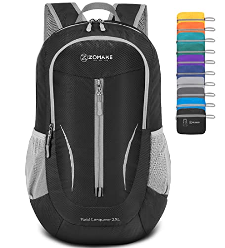 Lightweight Hiking Backpack Water Resistant,25L Packable Daypack Foldable Small Backpack for Travel,By Zomake(Black)