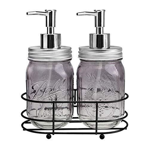 Book Cover Rich Life 2 Pack Mason Jar Soap Dispenser, 16oz Clear Glass Liquid Soap Dispensers for Kitchen and Bathroom, Perfect as Hand Soap, Dish Soap, Lotion Dispensers (Gray)