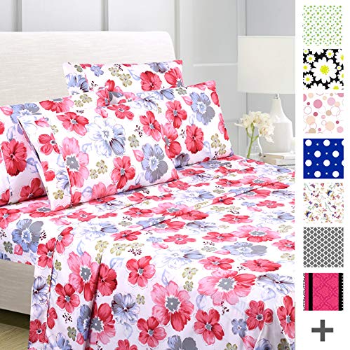 American Home Collection Deluxe 6 Piece Printed Sheet Set of Brushed Fabric, Deep Pocket Wrinkle Resistant - Hypoallergenic (Queen, Red Floral)
